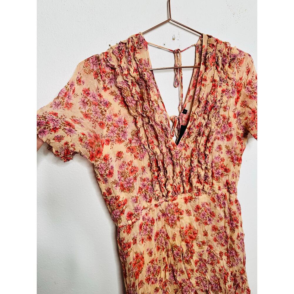 THE KOOPLES Pink Floral Ruffle Hemline Midi Tie Back Floral Frill Dress sz 1 - Picture 14 of 16
